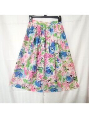 Vtg 80s Pleated Watercolor Floral Skirt Cottagecore Pink Blue Green Art-To-Wear